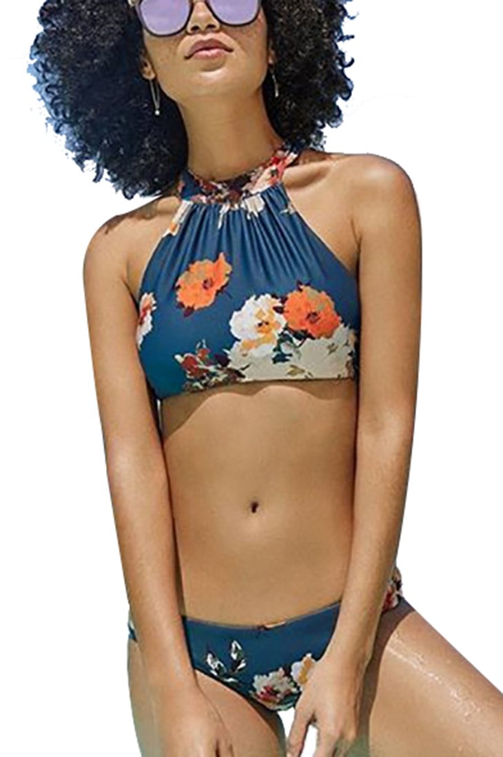 DFXIU Bagno Blu Donna Bikini Vintage Sexy Pad Fiori Costumi Costume Donna Mare Due Pezzi (EU28-36)
