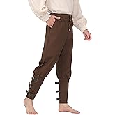 FURPHI Men's Medieval Pirate Pants Renaissance Ankle Pants with Buttons Halloween Linen Costume Trousers