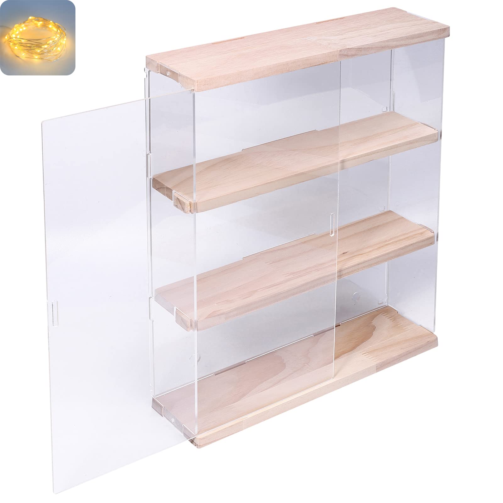 Nynelly 3 Shelf Clear Acrylic Display Case with Door - Wall Display Shelf for Models, Figures, Funko Pop, Pop Mart, Labubu, Sonny Angel, Smiski - Assemble Dustproof Display Box (29.5x8.5x38 cm, Wood)
