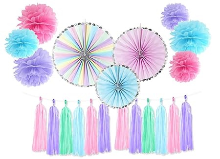 Pd Set Decorazioni Festa In Carta Addobbi Fai Da Te Pom Pon Fluffy Nappine Rosoni Colori Pastello Unicorno