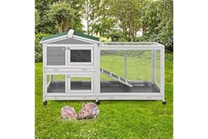 YODOLLA 61.5'' Rabbit Hutch with Wheels, Rabbit Cage Two Run Bunny Cage Outdoor Wooden Guinea Pig Cage Chicken Coop Small Ani