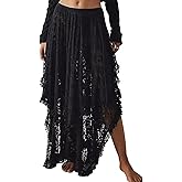 Yimoon Lace Skirts for Women Flowy Boho Maxi Skirt Elastic Asymmetrical Layered See-Through Long Skirt