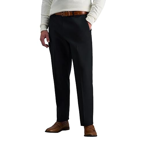 Haggar Men's Classic Fit Flat-Front Hidden Expandable Waistband Premium No Iron Khaki, 38W x 32L - Black, HC10884