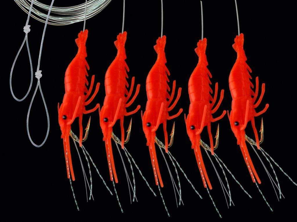 Jenzi Dega Mackerel Shrimp Leader with 5 Side Arms Attractive Imitation Shrimp Length 150 cm Cord 0.50 mm Hook Size 1/0 2 Colours to Choose From (Red-Orange)