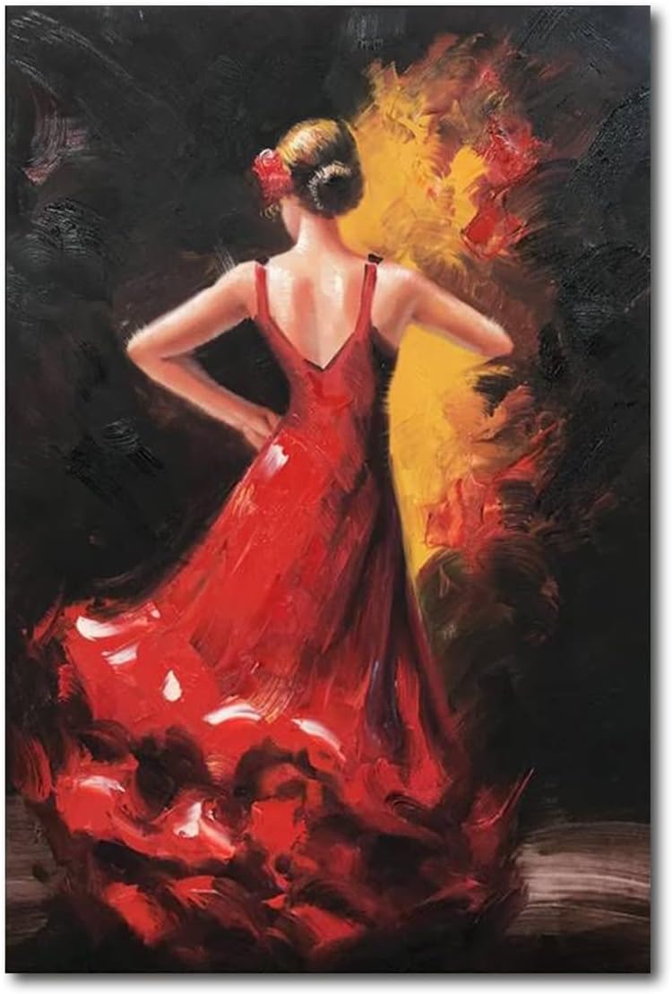 Paintings - Paimuni Dancing Lady Oil Paintings Hand Painted Attractive Woman Dancer in Red Dress Canvas Wall Art Ready to Hang Wall Decor (24x36 Inches)
