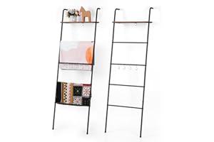 CADUKE Blanket Ladder Set of 2 Blanket Ladder with Shelf Towel Ladder for Bathroom Blanket Rack with 8 Hooks Farmhouse Ladder Blanket Holder 5-Tier Metal Quilt Ladder Rack for Living Room Bedroom, Black