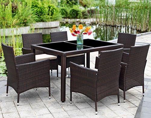 Patio Wicker Dining Set,Wisteria Lane 7 Piece Outdoor Rattan Dining Furniture Glass Table Cushioned Chair,Brown