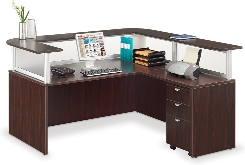 L-Shaped Reception Desk with Mobile Pedestal Mocha Laminate/Frosted Plexi Dimensions: 79"W x 75"D x 44"H Weight: 391 lbs.Reception Desk Mobile Pedestal