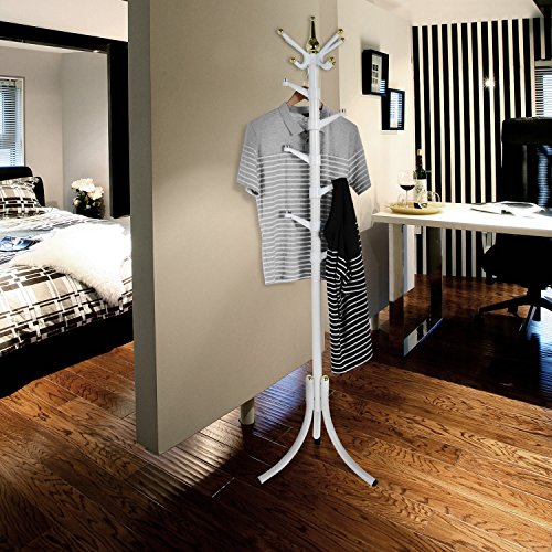 11 Hooks Standing Metal Coat Hat Rack Entryway Coat Tree with Base for Coat Hat Purse Jacket (White-1)