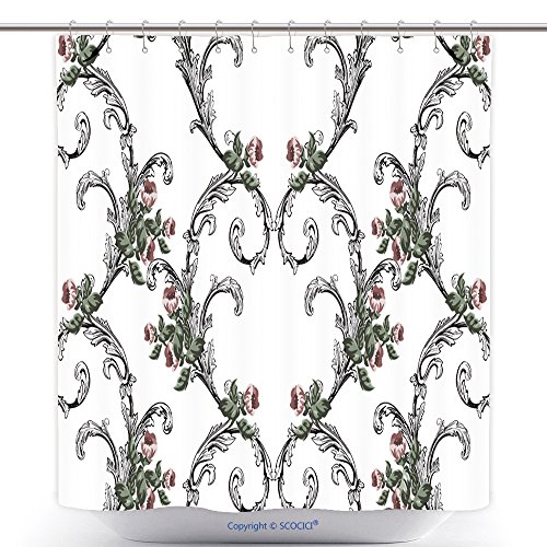 Mildew Resistant Shower Curtains Vintage Pattern In Baroque Style With Small Flowers And Swirls On White 403617784 Polyester Bathroom Shower Curtain Set With Hooks