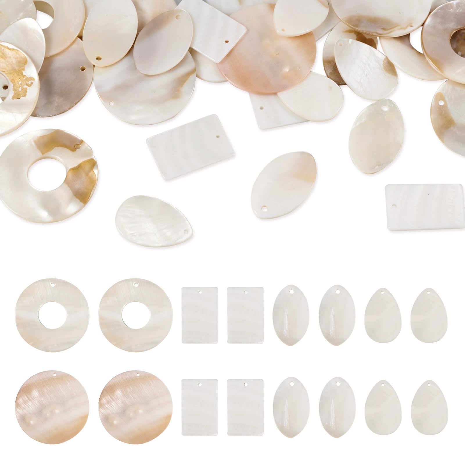 Crafans 30Pcs 5 Styles Natural Freshwater Shell Pendants, Donut, Oval, Teardrop, Rectangle, Creamy White, 6pcs/Style