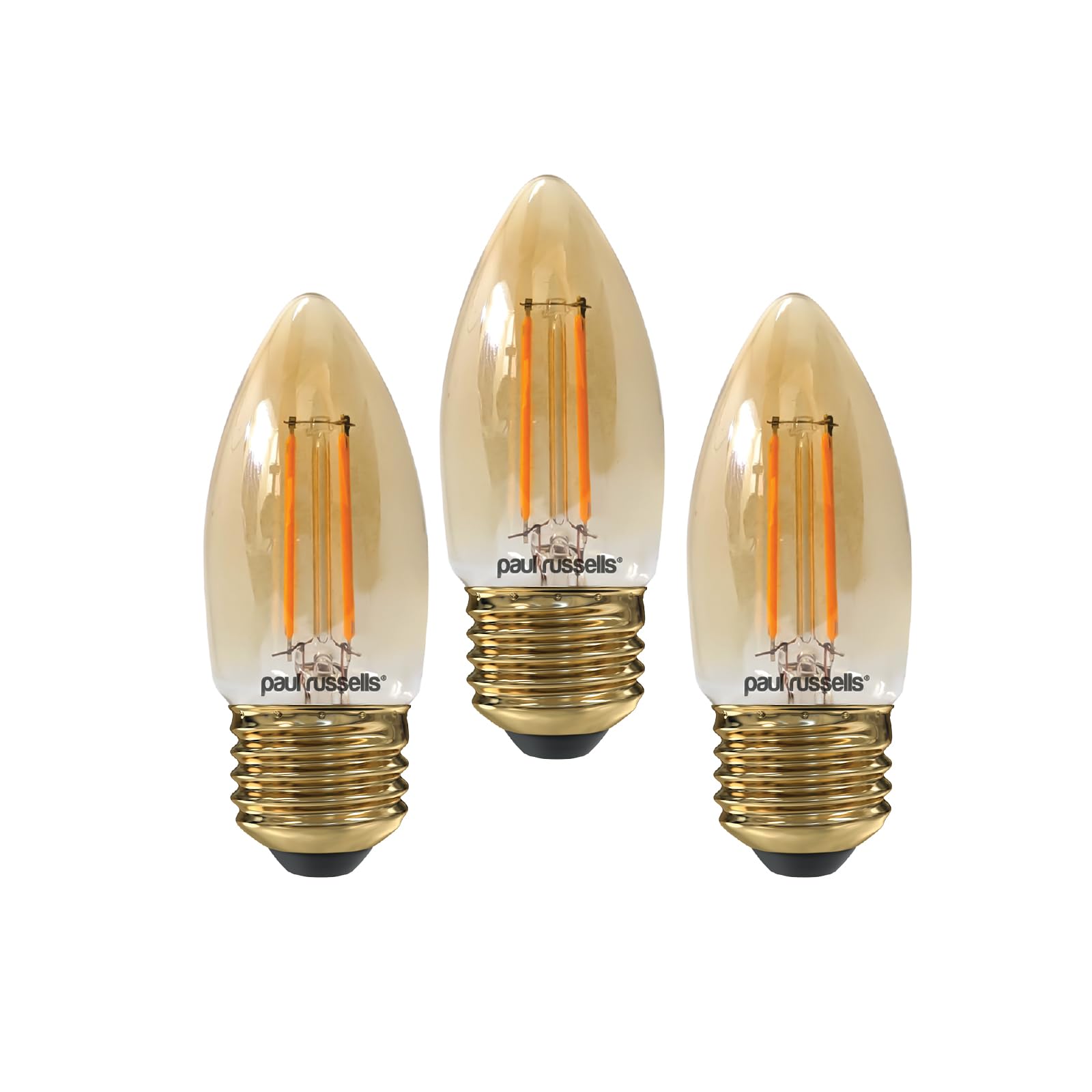 paul russells LED Candle Filament Light – 2.5W 20W Equivalent Replacement, 200LM Lumens, 2200K Extra Warm White, ES E27 Edison Screw C35 Bulbs – Energy Saving Non-Dimmable Lamps - Pack of 3