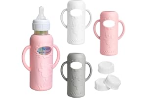 Joxodak 3 Pack Silicone Sleeves for Dr Brown Natural Glass Baby Bottles, Food Grade Anti Breakage Baby Bottle Holder with Handles and 3pcs Travel Bottle Caps (White+Pink+Grey, 8oz)