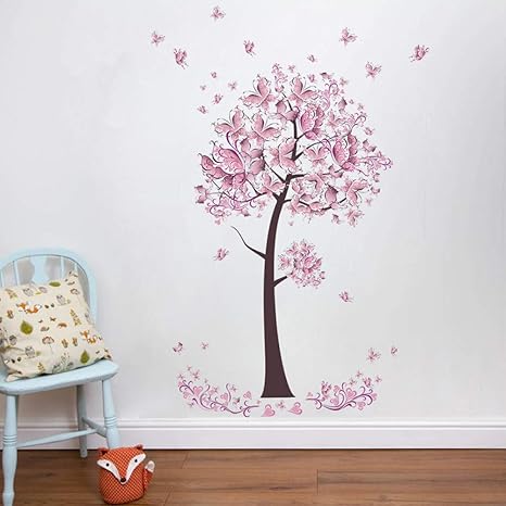 Amazon Com Tzbglmqh Pink Butterfly Flower Tree Wall