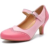Rjclyh Women's Mary Jane Double-Tone Oxford Pumps Comfortable Low Kitten Heels Retro Ankle Strap Round Toe Dress Shoes Pink US 7.5