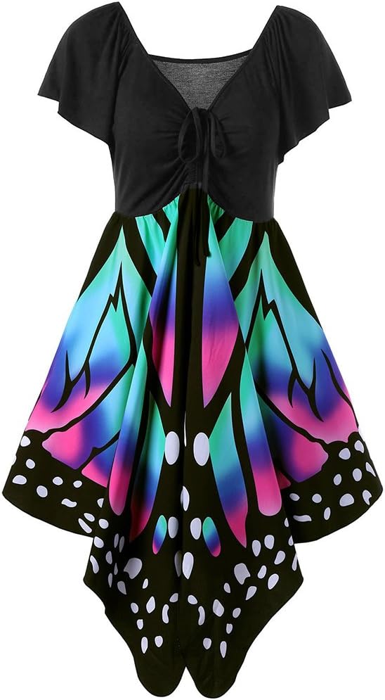iShine Women's V Neck Short Sleeve Plus Size Empire Waist Lace Up Butterfly Print Dress