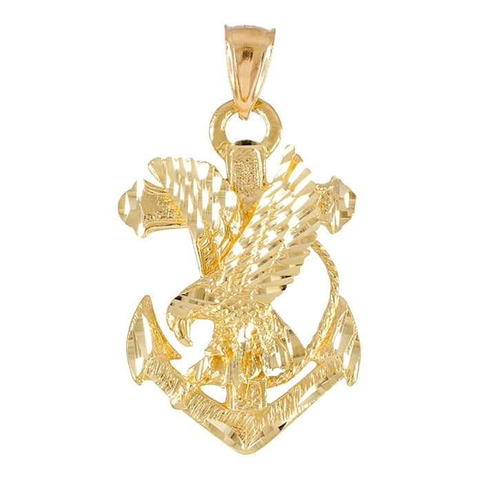 14k Yellow Gold Navy Eagle Anchor Necklace Pendant