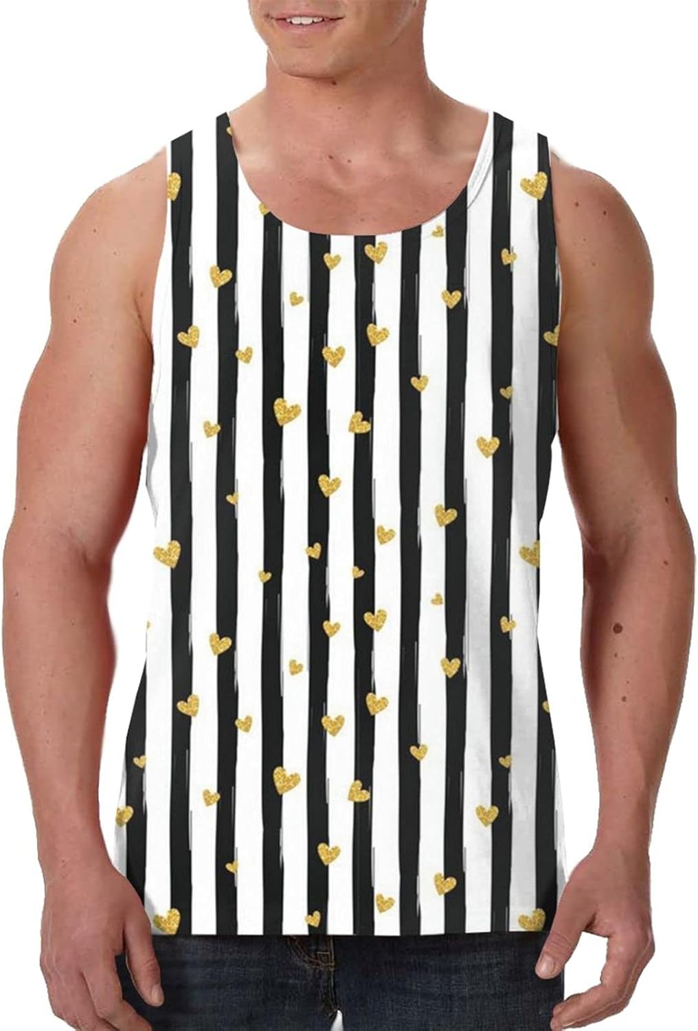BWWT Mens Muscle Tank Top Gold Glitter Heart On Stripe Breathable