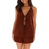 Larwoquy Women Tie Front Sleeveless Sets Halter Neck Tie Up Backless Camisole Elastic Waist Shorts 2 Piece Pajama Outfits