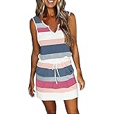 SAUKOLE Womens Sleeveless T Shirt Dresses Casual Cute Floral Print Short Dress Summer Fashion Front Pockets