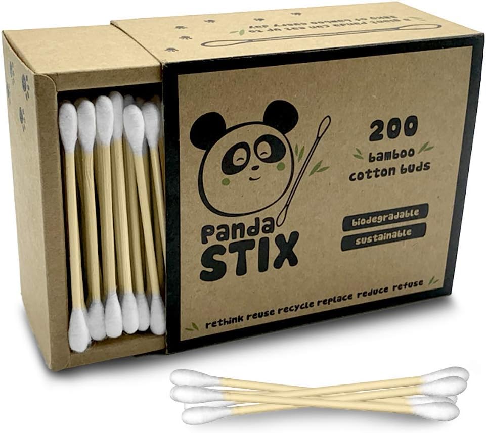 Bamboo Cotton Buds | 200 Buds | Plastic Free Packaging | 100% Natural Eco Friendly & Biodegradable | Environmentally Clean Swab Stems | Organic | by Panda STIX (200 Buds)