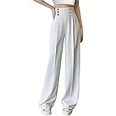Betusline Women's High Waist Dress Pants Business Side Button Work Wide Leg Pants Straight Leg Trousers, Off-White, Medium