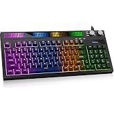 SABLUTE Quiet Gaming Keyboard, Wired 94-Key RGB Sound-Sync Light Bar, USB-A | Membrane Keys, Dual Volume &amp; Lighting Knobs, Full Numpad; for Windows PC/Laptop, PS5 &amp; Xbox Series X|S; Game Support Varies