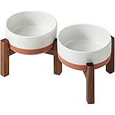 Havniva Ceramic 6.1inch Raised Double Dog Bowls Set with Acacia Wood Stand, 2 Heights Elevated, Food & Water Bowls for Small Dogs(28.2oz, Vanilla White)
