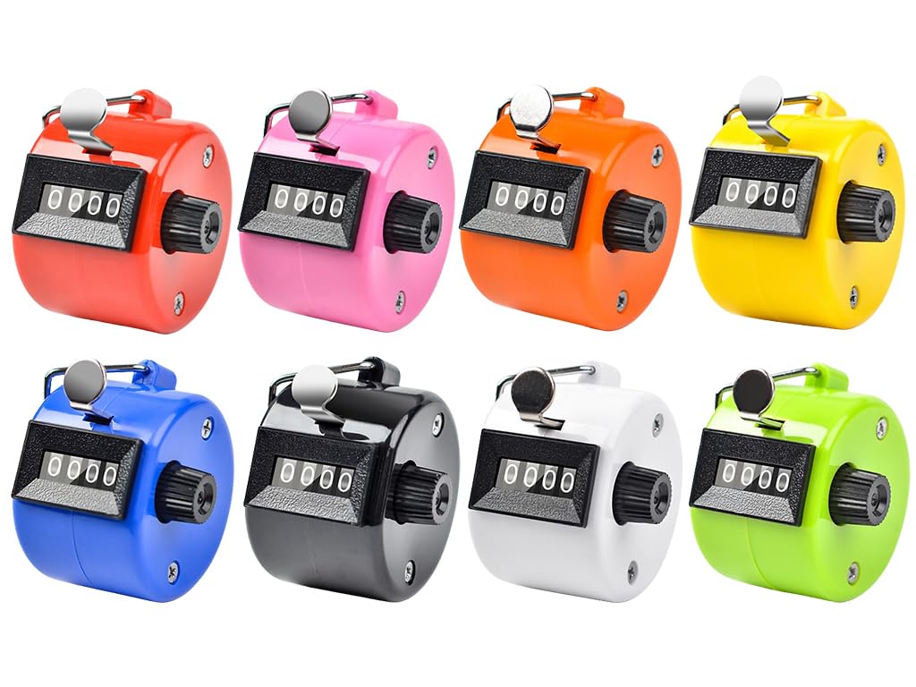 Abiyou 8PCS Hand Tally Counter, Manual Mechanical Counter, Metal Hand Tally Counters, 4 Digit Hand Tally Counters, Click Counter with Finger Ring, for Counting, Coaching, Golf, Fishing (8 Colors)