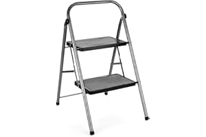 ACSTEP 2 Step Stool Folding Step Ladder with Handrails Heavy Duty Metal Ladders with Anti-Slip Pedal Small Step Ladder Foldable Ladder Collapsible Kitchen Step Stool for Adults 330 lbs Grey