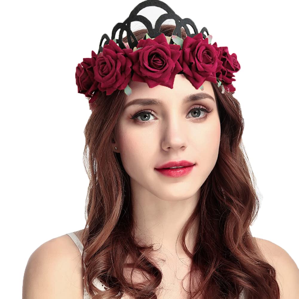 XINCHIA Rose Flower Crown Garland Wedding Floral Headband Hair Wreath Boho Headpiece Headdress Halloween Bride Costume Fancy Dress Accessory for Gothic Party Christmas Party