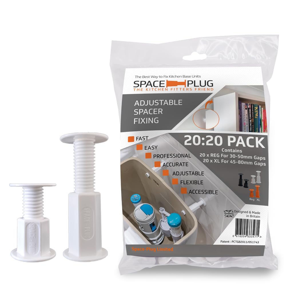 Space-Plug Adjustable Spacer Fixings, 40 Pack of White Spacers, (20 Regular size for 30-50mm gaps, 20 XL size for 45-80mm gaps), Professional & DIY use for kitchen, bedroom & bathroom installations