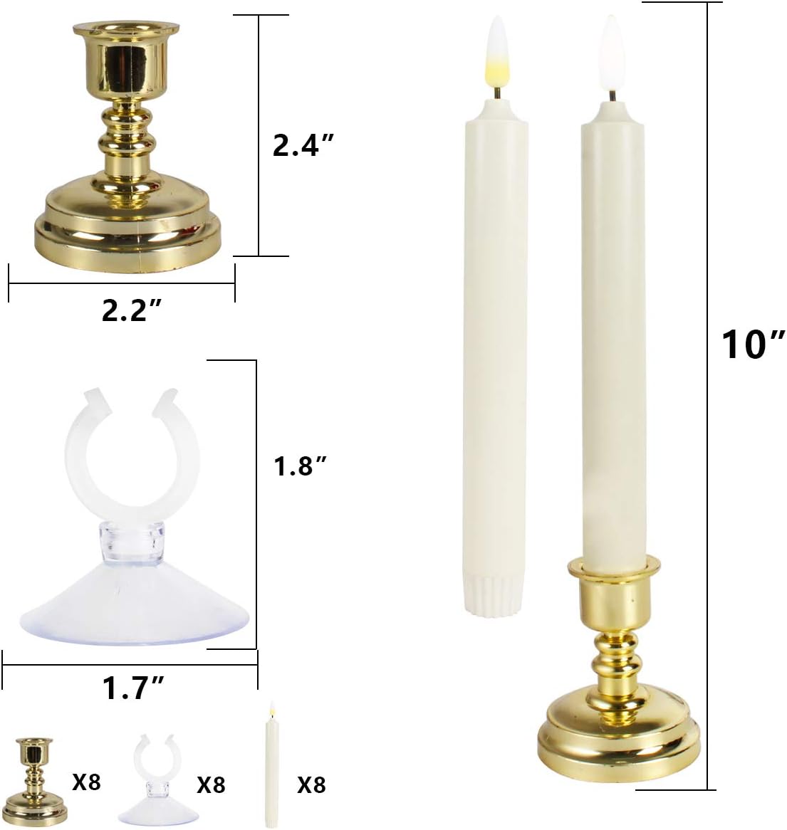 8 Pack Flameless Window Candles Set. with 8 Clips+8 Suction Cup+8 Golden Candleholders. Battery Powered Ivory LED Taper Candles with Remote Timer & Candlestick for Windows Christmas Decor: Home & Kitchen