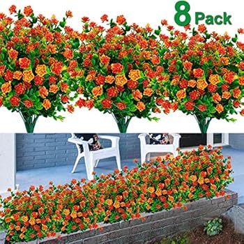 8PCS Artificial Flowers Outdoor UV Resistant Plants, 8 Branches Faux Plastic Corn-flower Greenery Shrubs Plants Indoor Outside Hanging Planter Kitchen Home Wedding Office Garden Decor (Orange)
