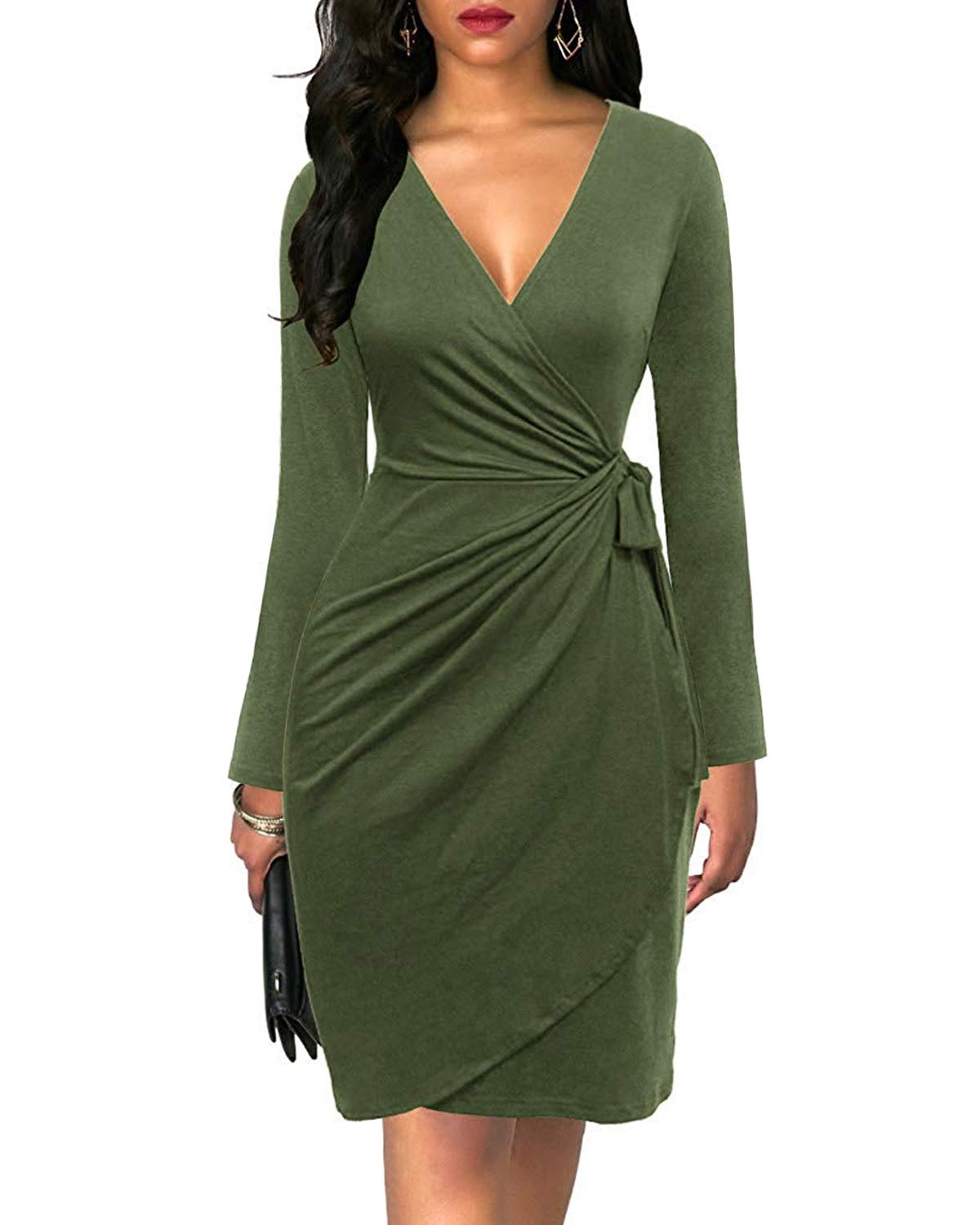 v neck wrap midi dress