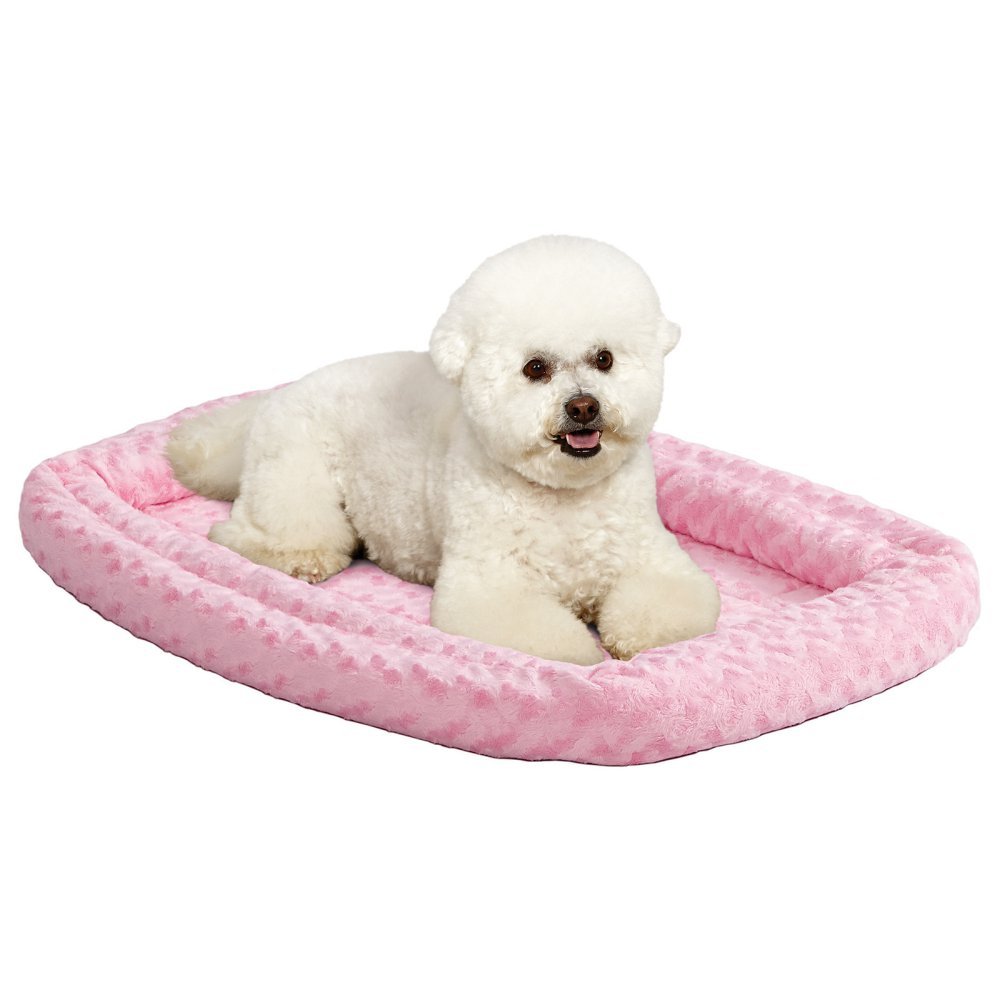 MidWest Homes for Pets XS QuietTime Double Bolster Pet Bed, Pink Plush 59 cm Crate Mat with Stacked Bolsters, Machine Washable, Secure Fit with Elastic Straps