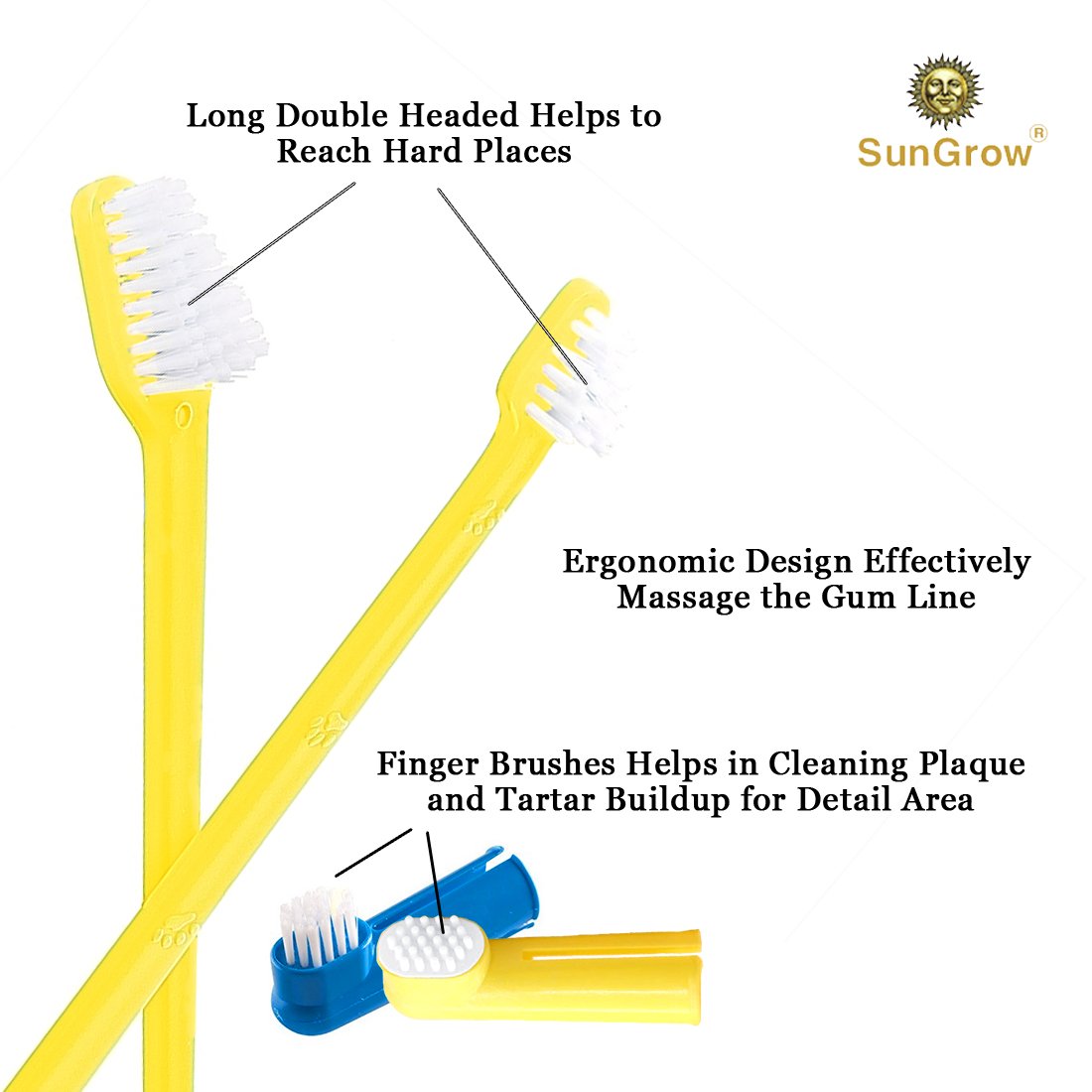 3 pcs Dog Toothbrush Set -- Dual-headed brush for better dental care - 2 Bonus Finger Brushes included - Removes plaque, freshens dog's breath - Vet & Pet Groomer Recommended - Use with Dog Toothpaste