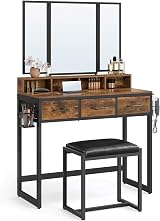 VASAGLE Dressing Table with Mirror and Stool Tri-Fold, 3 Drawers