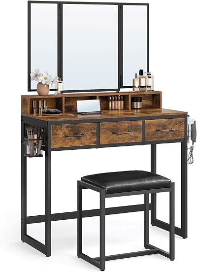 VASAGLE Dressing Table with Mirror and Stool Tri-Fold, 3 Drawers
