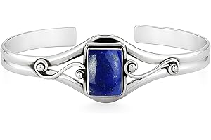 Natural Lapis Lazuli Bracelet for Women – Sterling Silver Plated Adjustable Cuff Bangle – Deep Blue Lapis Boho Gemstone Jewel