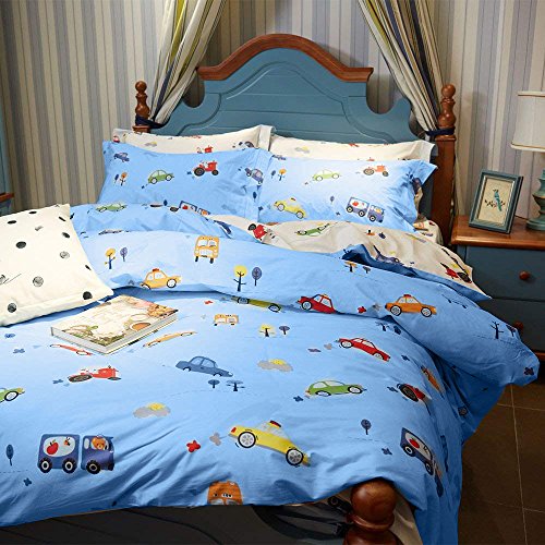 BuLuTu Cartoon Sports Cars Print Boys Duvet Cover Queen Cotton Blue Darker White,Red Yellow Green Trucks Transport Vehicles Reversible Kids Bedding Sets Full Teen Comforter Cover,No Comforter - Thumbnail 2