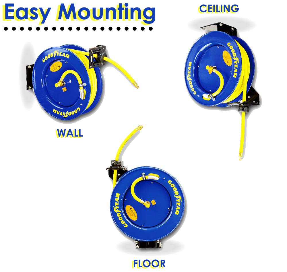 GOODYEAR Air-Hose-Reel Retractable 3/8" Inch x 50' Feet Long Garage Essential Premium Commercial SBR Hose Max 300 Psi Steel Construction Heavy Duty Spring Driven: Industrial & Scientific