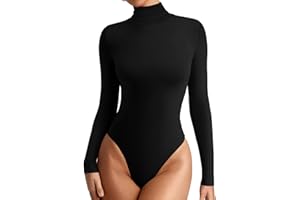 REORIA Women's Basic Long Sleeve Ribbed Turtleneck Leotard Stretchy Bodysuit Tops Jumpsuits
