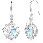 FANCIME Tree of Life Dangle Drop Earrings 925 Sterling Silver Dainty Round Gemstone Birthstone Earring Fine Jewelry Birthday Mothers Day Gifts for Her Women