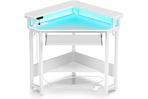 Rolanstar Corner Desk, 44.5" W x 34.5" H Small Computer Desk with Power Outlets & LED Lights, Triangle Corner Computer Desk w