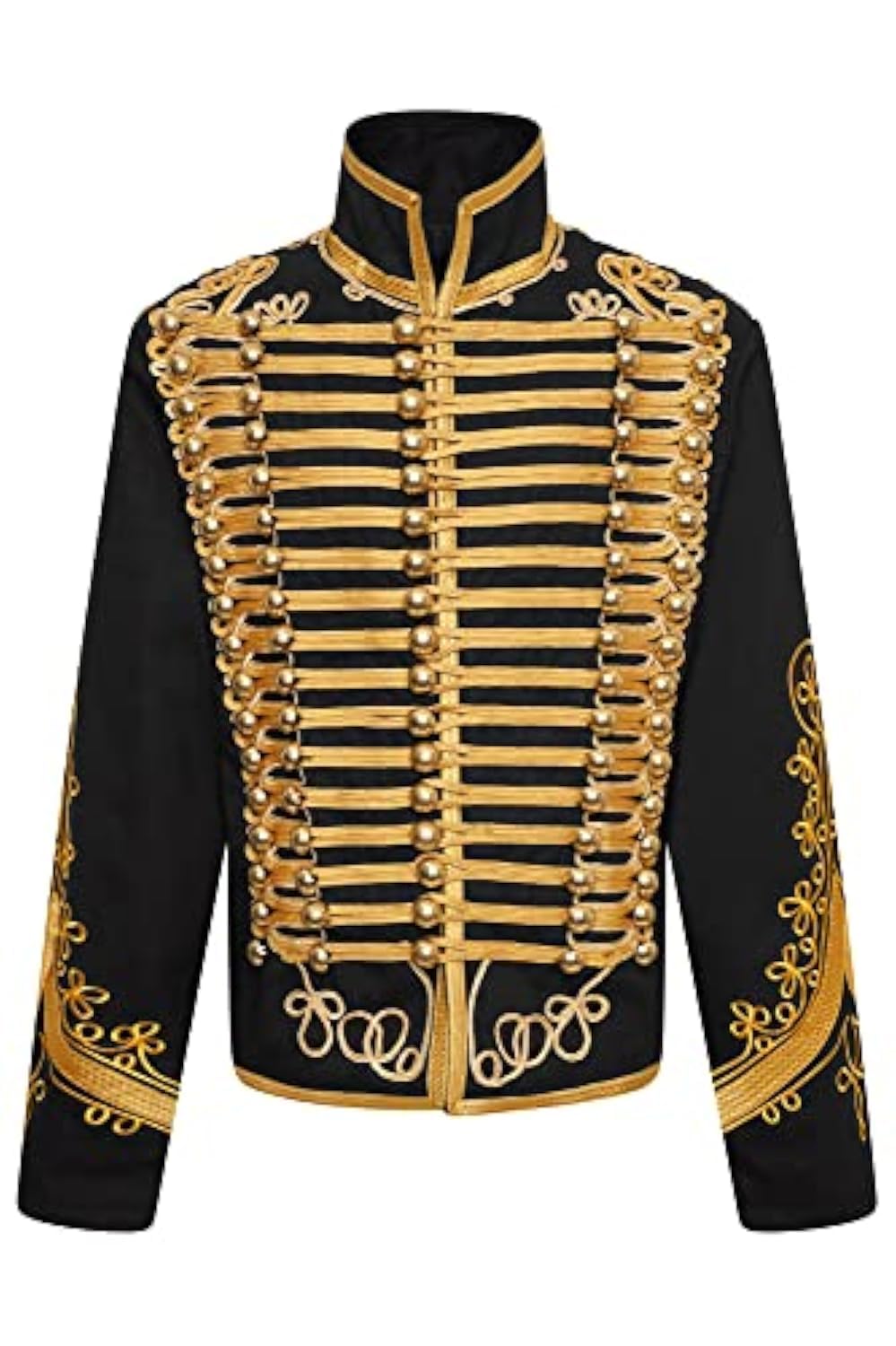 Photo 1 of Ro Rox Adam Men’s Marching Band Military Jacket, Military Drummer Parade Jacket for Festivals, Stage Performances, Themed Parties, Cosplay Events, Black & Gold, 2XL