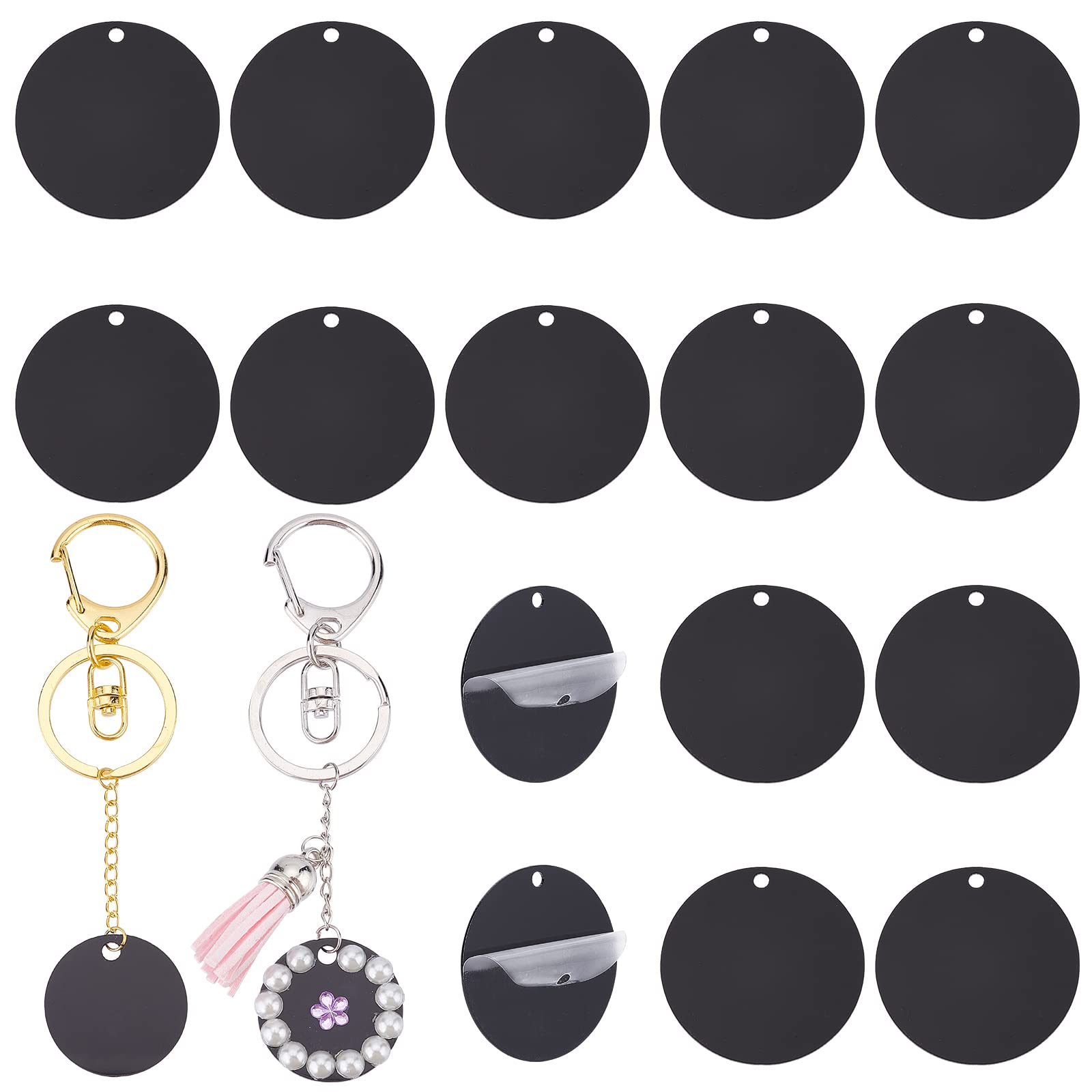 PH PandaHall 50pcs Acrylic Blanks, Black Keychain Blanks 1.1 Inch/30mm Ornaments Blanks Round Circle Disc Christmas Ornaments for Vinyl Painting Engraving Wedding Christmas Lanyards Present Wrap