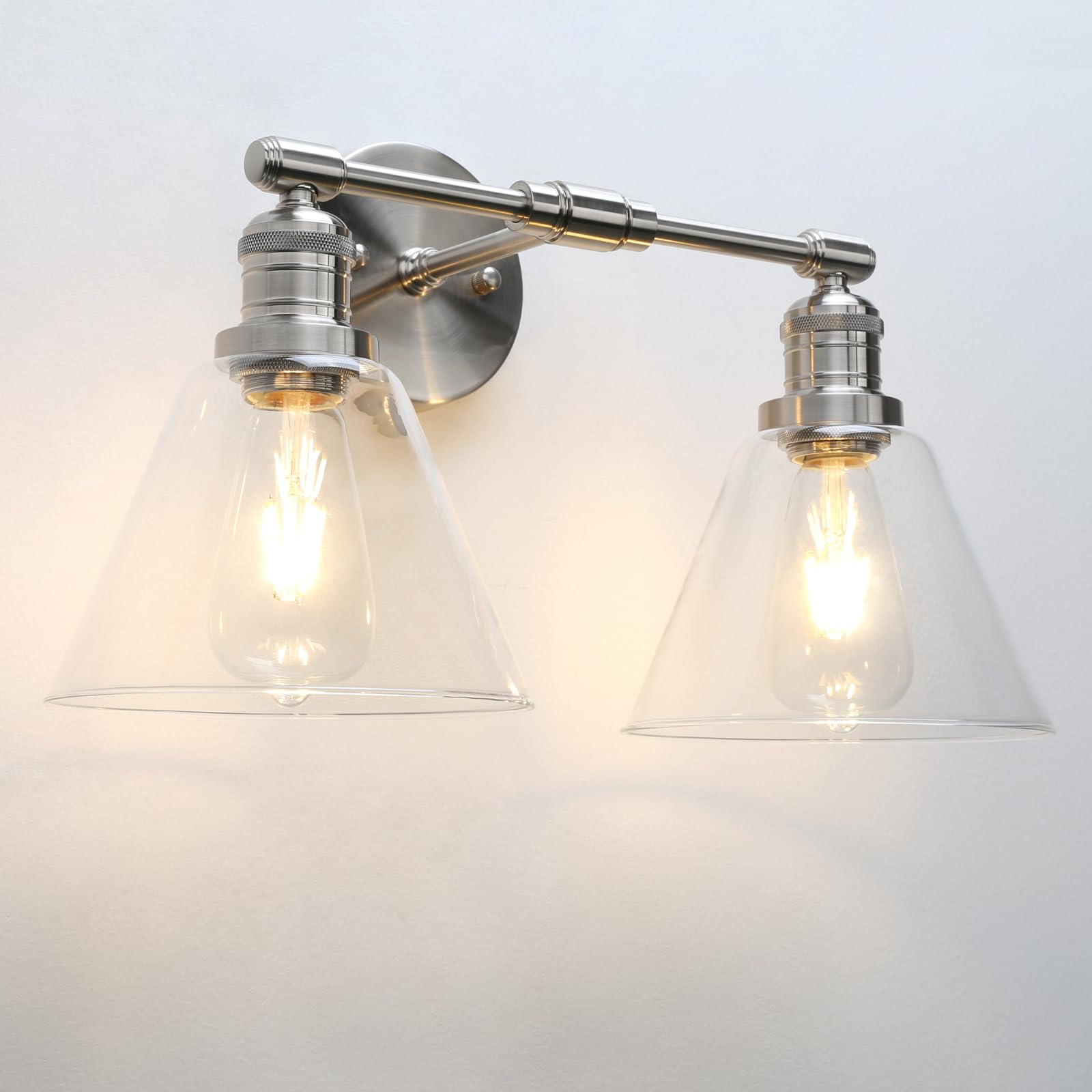 Phansthy Dual Light Vintage Wall Light 7.1" Diameter Funnel Glass Industrial Wall Sconce for Kitchen Living Room Hallway Bedroom Vanity Mirror Double Head Decorative Light (Brushed)