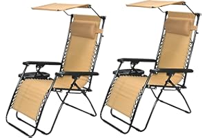 BTEXPERT Adjustable Steel Mesh Zero Gravity Lounge Chairs Case Outdoor Patio Recliner Beach Yard Garden with Pillow Sunshade Utility Tray Cup Holder (Set of Two Pieces, TAN Beige with Canopy)
