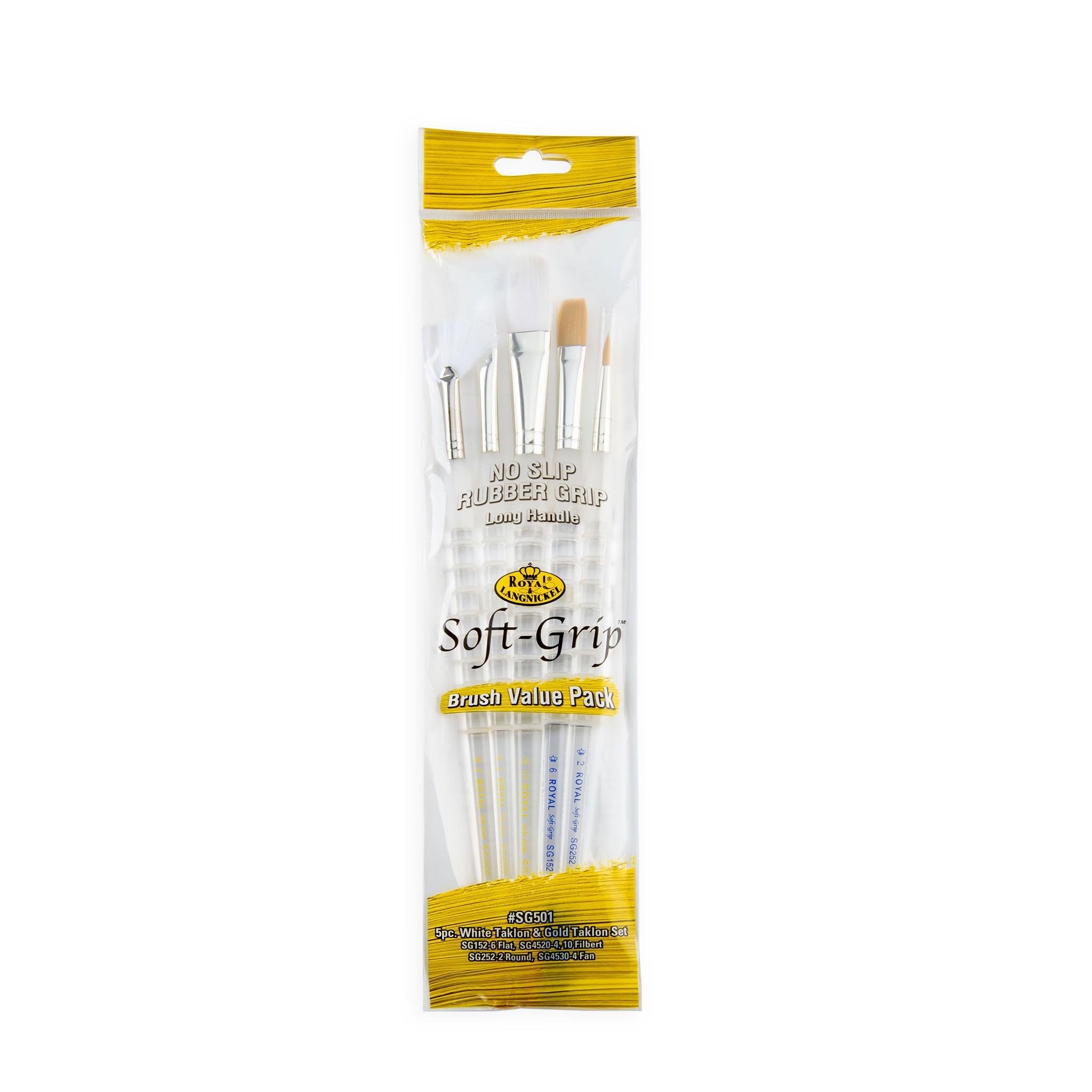 Royal and Langnickel Long Handle Soft Grip Taklon Variety Brush Set - White/ Gold (Pack of 5)